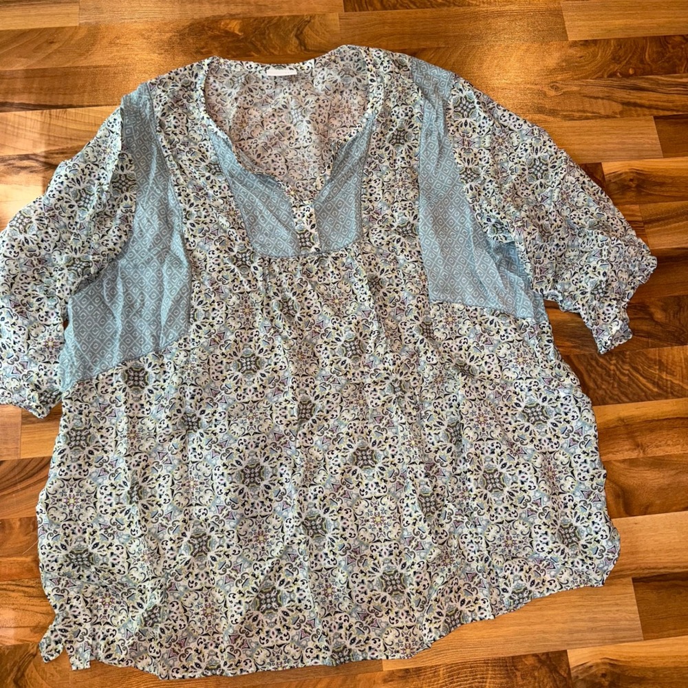 J Jill‎ Floral Print Blouse Blue Boho Peasant cottage Style V Neck Top flowy